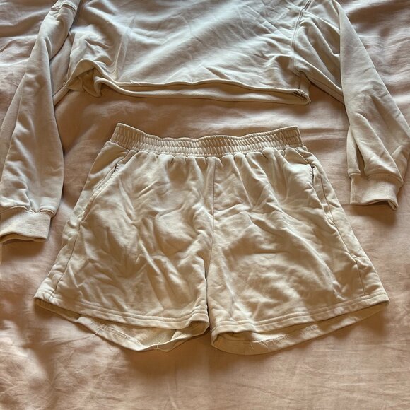 Beige Botany Cream French Terry Crop Crewneck Sweatshirt and Sweatshort Set, in - Picture 3 of 6